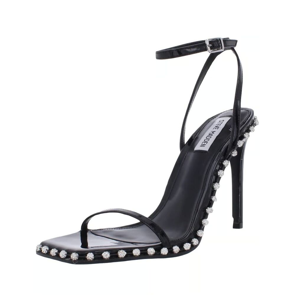 Steve Madden Black Rhinestone Square Toe Ankle Strap Heels 8.5M